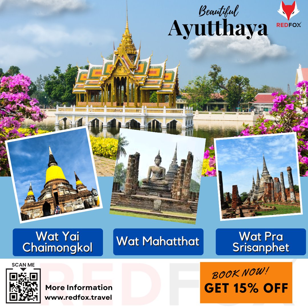 EventsRedfox's tweet photo. Venture away from the grandeur of Bangkok to the ancient capital of Siam: Ayutthaya. Explore the magnificent temples such as Wat Yai Chaimongkol, Wat Mahatthat and Wat Pra Srisanphet.  
Cruise down the "Chao Praya River" to visit Royal Bang Pa In palace.
https://t.co/kzNIdZwXuC https://t.co/rh8RxFCvz3