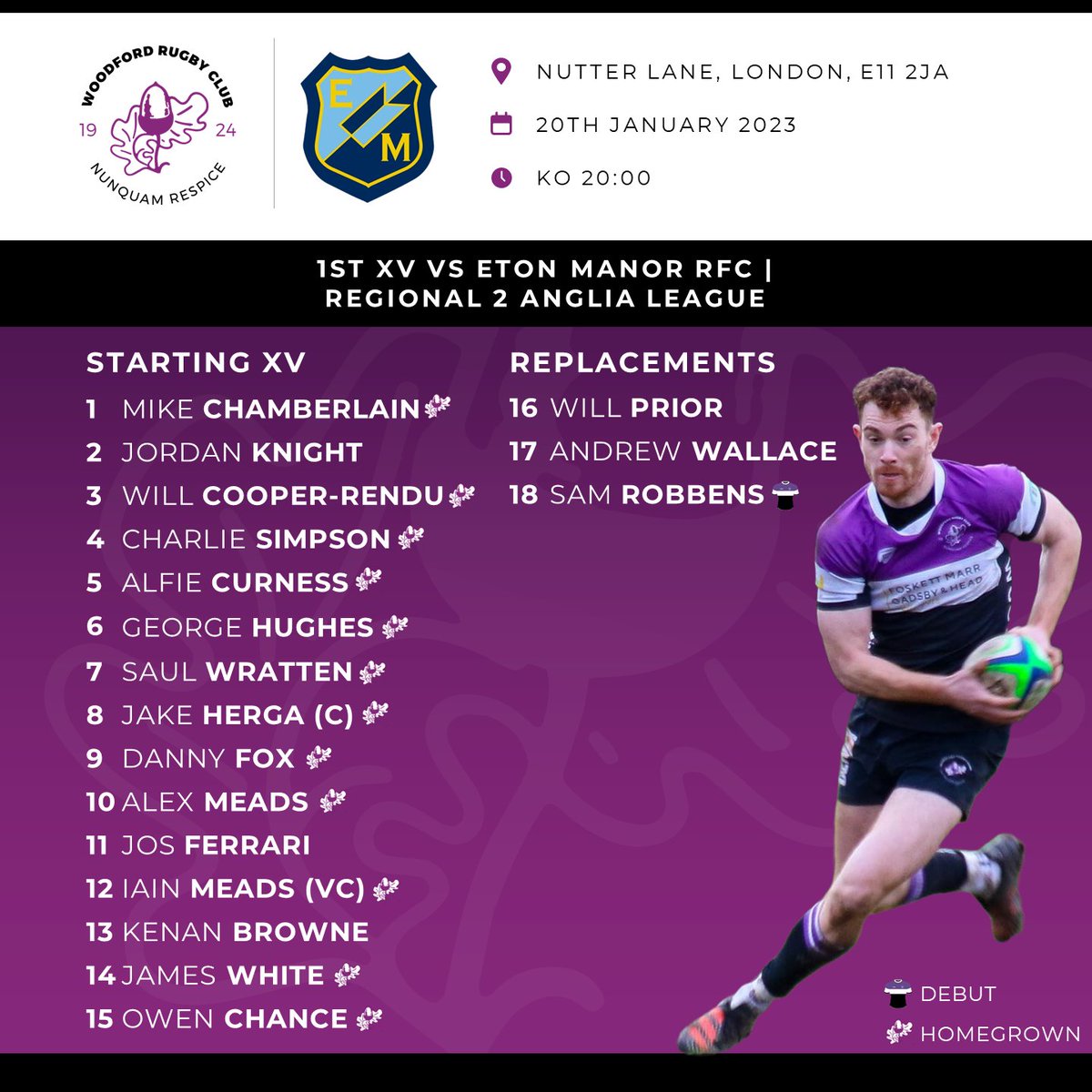 Here is the lineup for our 1s away match to local rivals Eton Manor tonight! Good luck to all those playing and congratulations to @samrobbens (Hot Rod) on debut.

#woodfordfamily  #rugby #woodfordrfc #woodfordrugby #londonrugby #essexrfc #debut #localderby #fridaynightslights