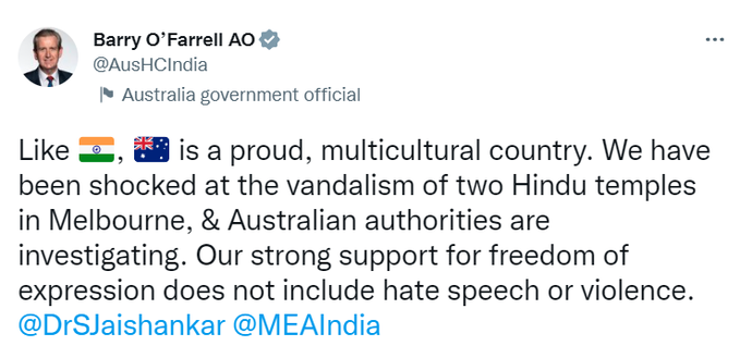 jkmediasocial's tweet photo. Australia’s High Commissioner to India Barry O’Farrell expresses shock at the vandalism of two Hindu temples in Melbourne https://t.co/Knfyozlcb2