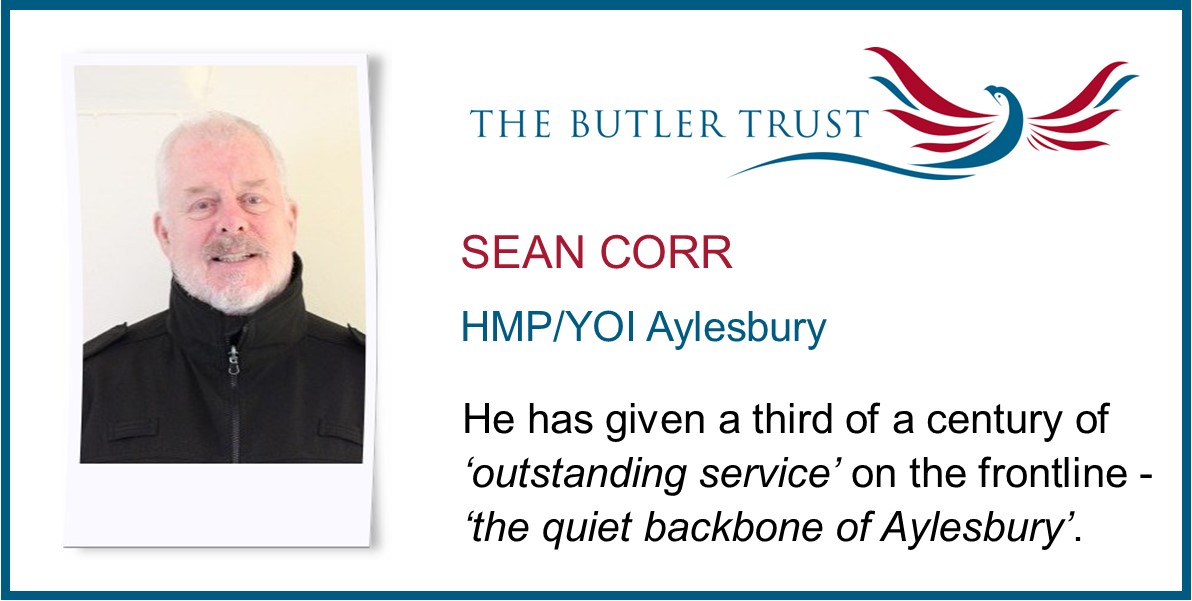 Congratulations to Sean Corr at <a href="/HMPAylesbury/">HMPAylesbury</a>, a Butler Trust Award Winner for his 'outstanding' 30+ years of service on the frontline - and for being 'the quiet backbone of Aylesbury'.

butlertrust.org.uk/sean-corr/

#ButlerTrustAwards #HiddenHeroes