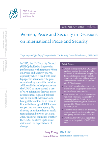 prioGPS's tweet image. The Policy Brief "Women, Peace and Security in Decisions on International Peace and Security: Trajectory and Quality of Integration in UN Security Council Resolutions, 2015–2021" (2023) by @LouiseKOlsson and Patty Chang is available to read at gps.prio.org/Publications/P…