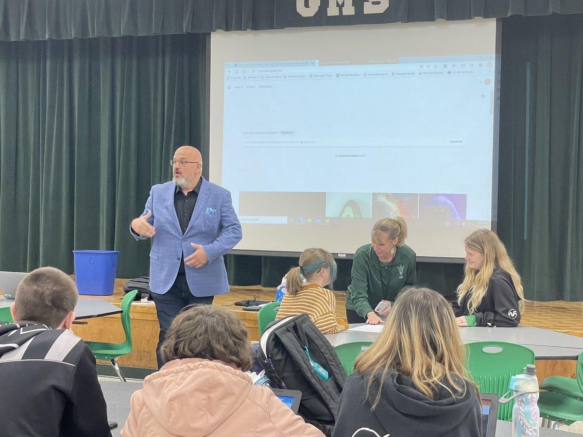cindy_monroe's tweet image. @MRsalakas from Sidney, Australia visited GMS to share Top 10 in Generative AI to engage students/ enhance instruction. GMS teachers can meet with him again Friday during plan to learn about #MammothLearning. Next stop: keynoting @FETC in New Orleans!