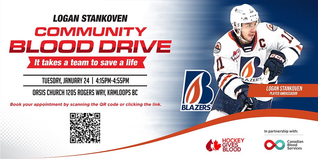 On January 24th I will be hosting a blood drive in #Kamloops with 5 spots still remaining. Please join me and a few teammates by scanning the QR code to book an appointment.

Every 60s someone in 🇨🇦 needs blood to save their life. <a href="/hkygivesblood/">Hockey Gives Blood</a> <a href="/blazerhockey/">Kamloops Blazers</a> <a href="/CanadasLifeline/">Canadian Blood Services</a>