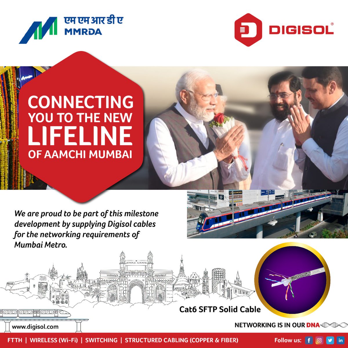 DIGISOL_SNSL's tweet photo. Digisol is proud to be a part of this milestone development by supplying the #Digisol Cables for the networking requirement of Mumbai Metro.

Connecting you to the new lifeline of Aamchi Mumbai.

#Digisol #MumbaiMetro #SmartlinkHoldings #ITNetworkingSolutions #MadeInIndia https://t.co/oLeBdy7ElI