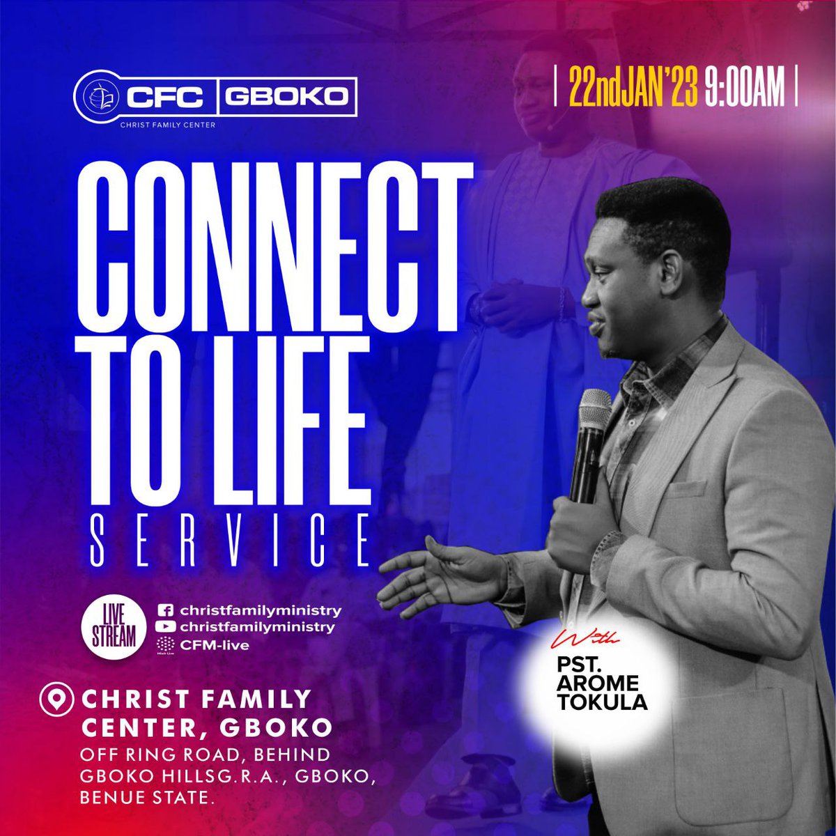 CFCGboko's tweet image. Start your week in an atmosphere of love and joy this Sunday by fellowshipping with us at our Connect To Life service.

We look forward to hosting you.

#PastorAromeTokula
#ConnectToLife
#ChristFamilyMinistry
#LoveIsKing