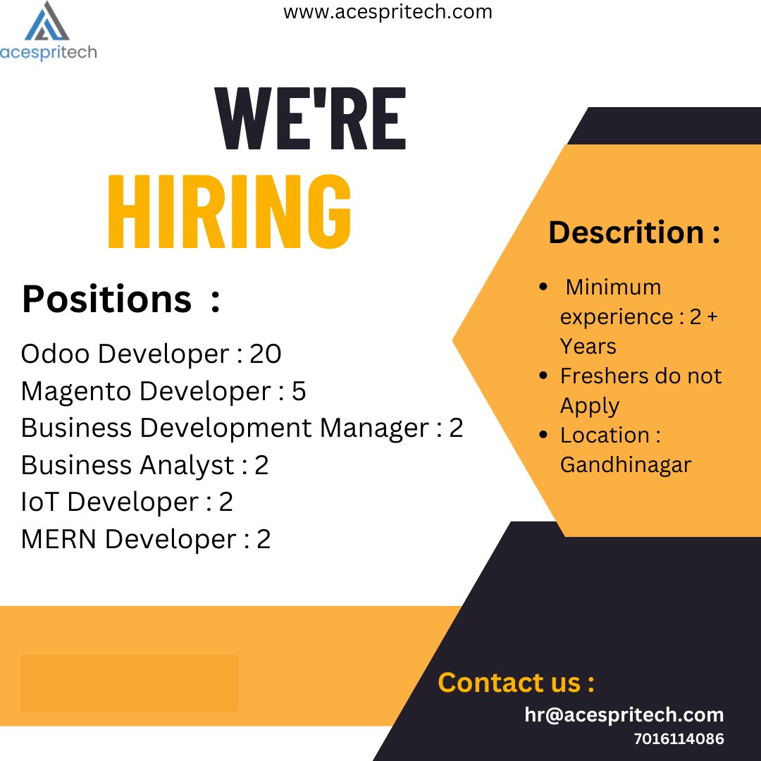 acespritech's tweet photo. Hello #connections
All of the urgent roles we are now hiring at #Acespritech...!!
#hiring #hiringalerts #jobalerts #jobforyou #jobhunt #newcareeropportunities #newcareer #itcareers #ba #bdm #odoo #magento #iot #mern #developersjob #nowhiring #opportunities #teambuilding https://t.co/0SoPsAvNzw