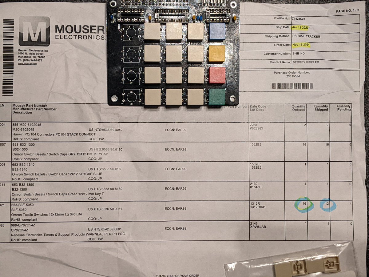 Ordered a year and two months ago... Finally shipped... Still 4 switches are missing...
<a href="/MouserElec/">Mouser Electronics</a> <a href="/OmronAutomation/">Omron Automation</a> what's up with you guys?