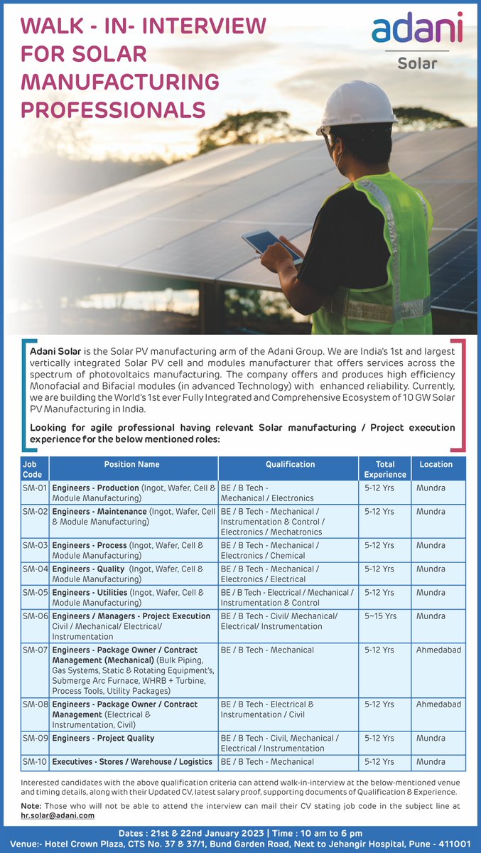 AdaniSolar's tweet photo. 📢 We are expanding our presence in the Solar Manufacturing Value Chain and are hiring for a few positions in Ahmedabad and Mundra.

Visit us for a Walk-in-Interview in Pune, Maharashtra on January 21 - 22, 2023 at Hotel Crown Plaza from 10 am to 6 pm (IST)
#hiring #jobs #Walkin https://t.co/ZK2qLG9Dkq