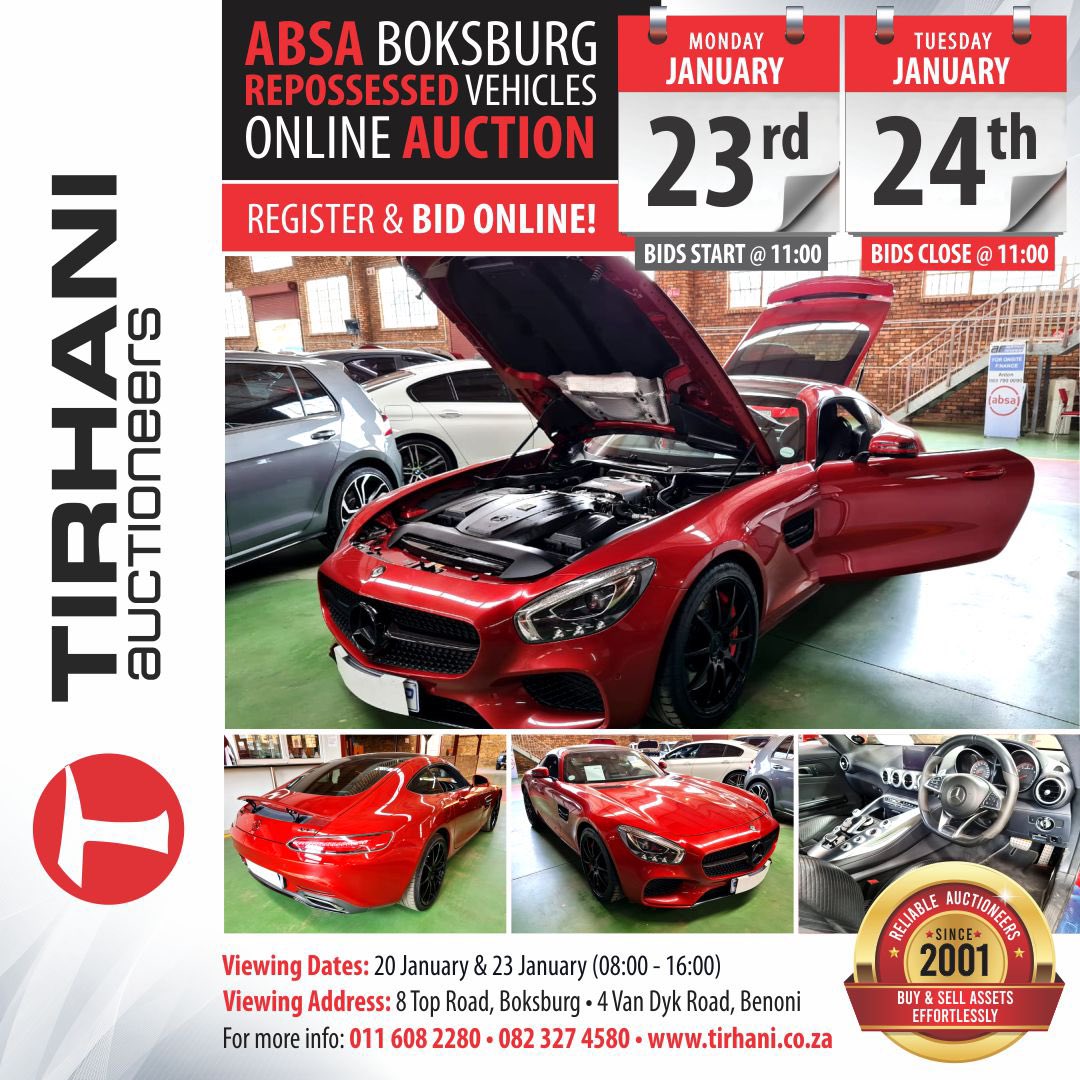 SAPAA_SA's tweet photo. Our member @TirhaniAuctions is having an online repossessed vehicle auction. Bids Start: Mon 23 January at 11:00. Bids Close: Tue 24 January at 11:00. 

Visit their website at https://t.co/KfYuAg6uHk to register and bid on the auction. https://t.co/ZQ2tQoIsHY