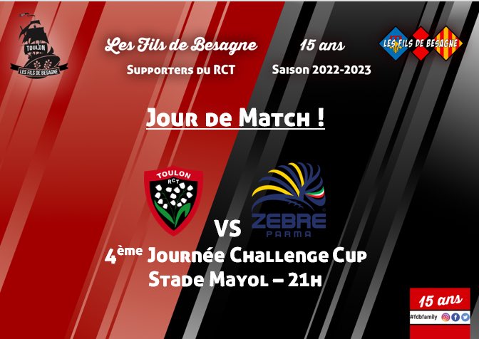 FilsdeBesagne's tweet photo. 𝙅𝙤𝙪𝙧 𝙙𝙚 𝙢𝙖𝙩𝙘𝙝 !
🏉 Toulon / Zèbre
🗓 4ème Journée Challenge Cup
🏟 Mayol
⏰ 21h
🍻Avant match et 3ème mi-temps au #Besagne
#RCTZEB https://t.co/24e1ACMq0h