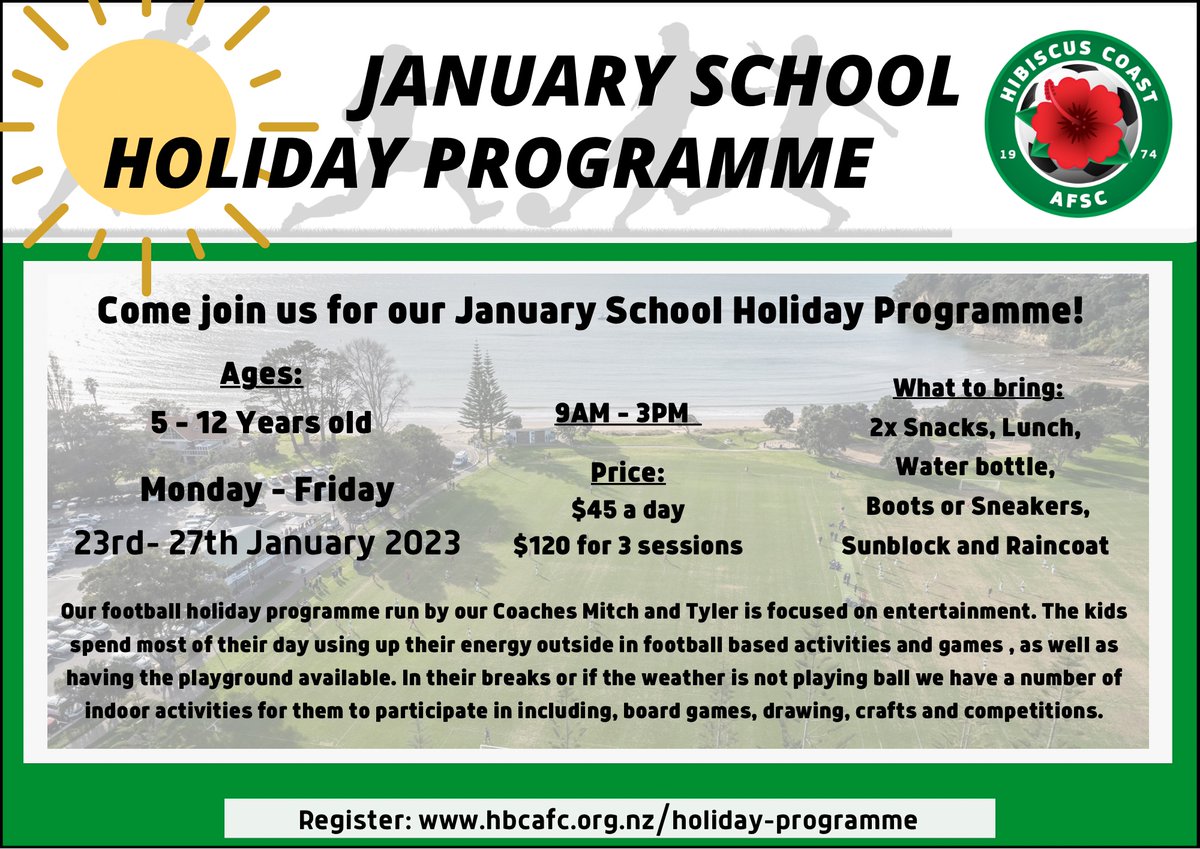Our January school holiday programme kicks off on Monday!

Visit our website to register:
hbcafc.org.nz/school-holiday…