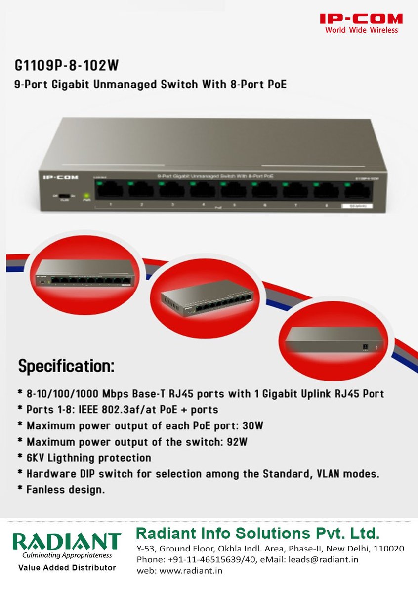 Radiant_in's tweet photo. IP-COM G1109P-8-102W
9-Port Gigabit Unmanaged Switch with 8-Port PoE !
ππππ ππ¨π«ππ
https://t.co/VfIt7sqYnb
#ipcom #G1109P #IPCOMG1109P #GigabitUnmanagedSwitch #ipcomswitch #poe #GigabitSwitch #GigabitPoESwitch #PoESwitches #smartwirelessnetwork #india #radiant https://t.co/f09eVBC0AL