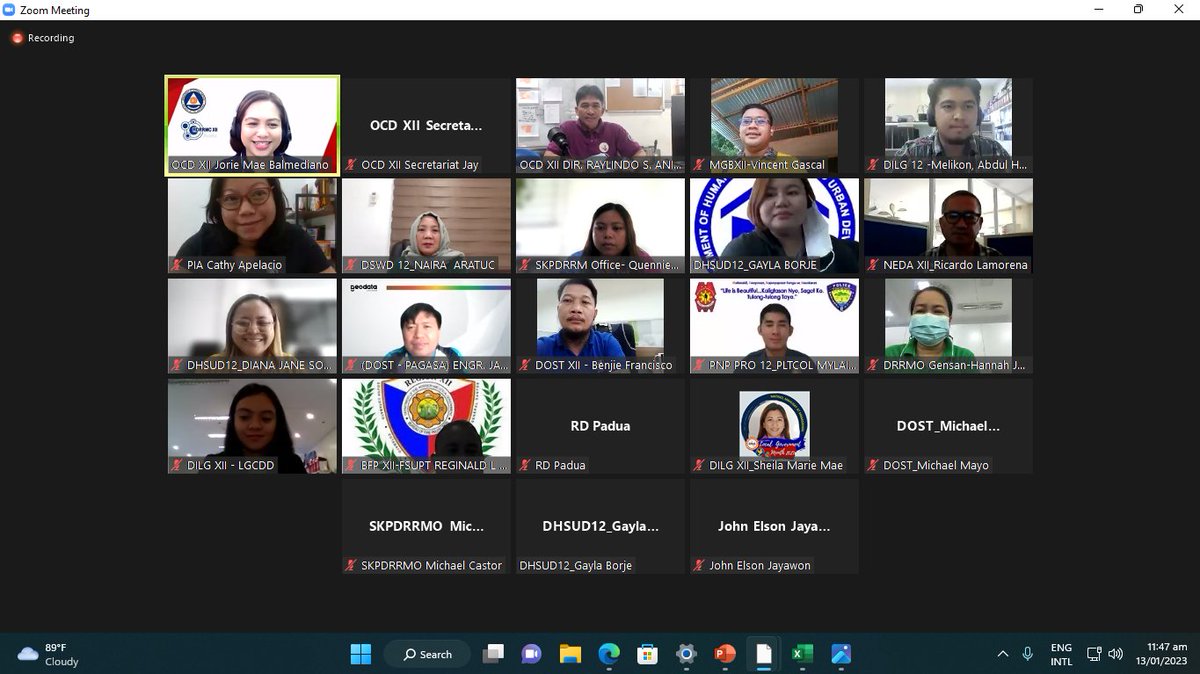 CivilDefenseR12's tweet photo. General Santos City - The RDRRMC XII through the Office of Civil Defense Region (OCD) XII initiated the conduct of Regional Pre-Disaster Risk Assessment (PDRA) Core Group Meeting Low Pressure Area (LPA) and Shearlines on January 13, 2023 via zoom platform. https://t.co/uFYaLiHAWY