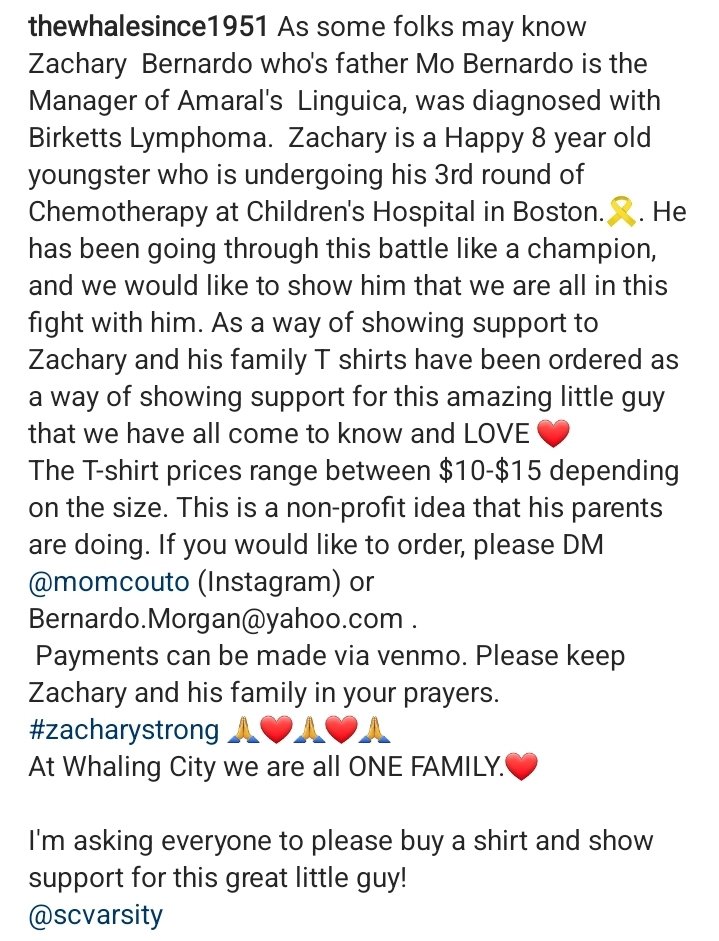 WCYBL_1's tweet photo. Please show support for 8 yr old Zachary Bernardo who's fighting Birketts Lymphoma at Children's Hospital in Boston. At Whaling City we are all ONE FAMILY.  A great kid that all of us at The Whale know and LOVE.
@SC_Varsity @southcoasttoday @JonMitchellNB https://t.co/xx3MvoiM3I