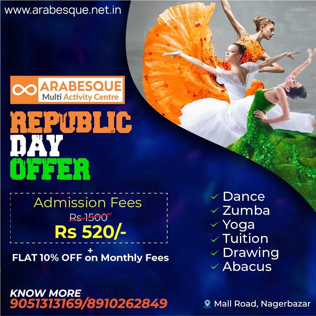 arabesque_mac's tweet photo. Arabesque Republic Day Offer
Huge Discount on Dance, Art &amp; Craft, Abacus, Tuition, Recitation, Guitar, Zumba, and Yoga Classes.
.
Join Us Now &amp; Get ₹ 980 Off On Admission Fee.
.
+ FLAT 10% OFF on monthly Fees 

For more information
9051313169 | 8910262849
https://t.co/uX2RRMg24c https://t.co/PbAUK3rnmi