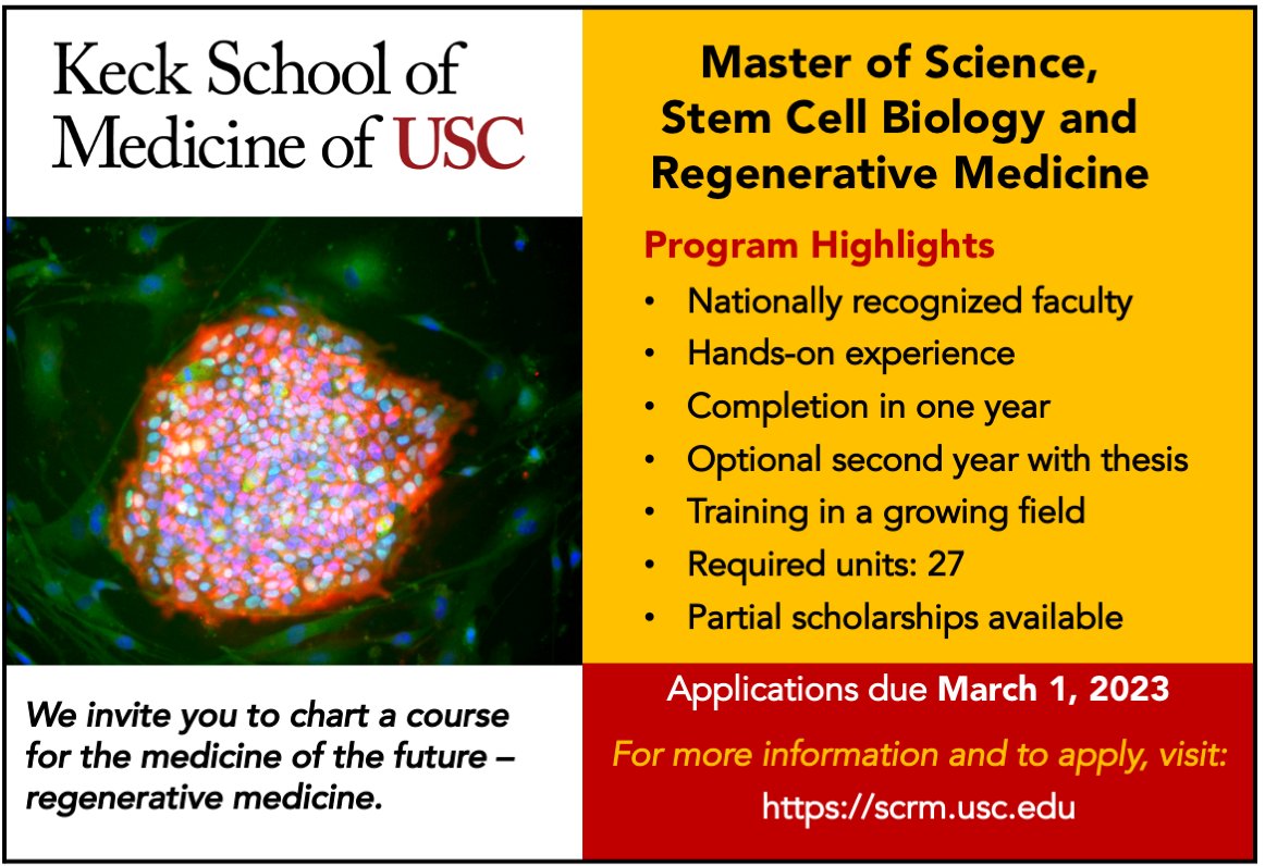 The <a href="/USCStemCell/">USC Stem Cell</a> master’s program invites you to chart a course for the medicine of the future—regenerative medicine. Applications due March 1st! Visit scrm.usc.edu.