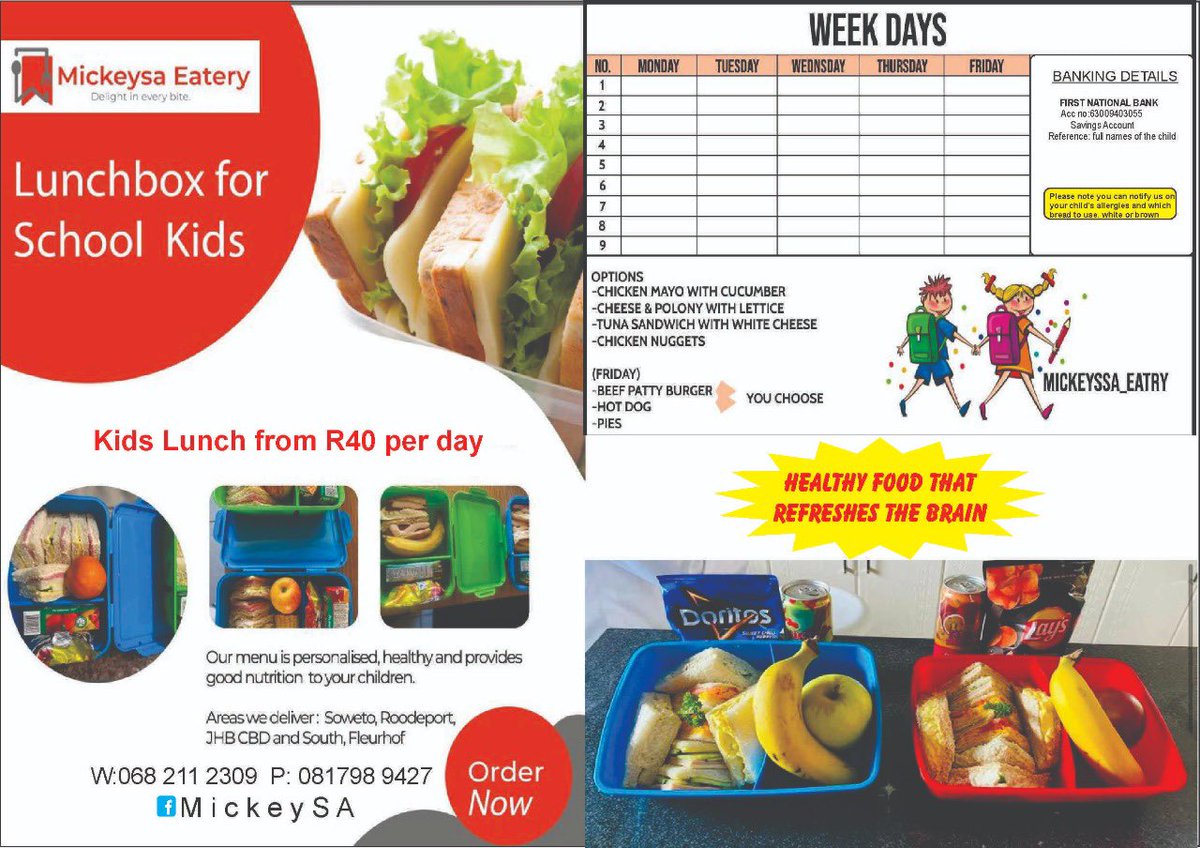 Mickeysa6's tweet photo. Hi there;

A retweet can help a lot.

I am based in Soweto📍 Dobsonville

I cater lunch packs for school kids at R40 per day
R800 monthly 

For more info WhatsApp 0682112309

I also cater for school events like;
• Excursions
• Sports
• Birthday parties 

#MatricResults2022 https://t.co/GtsNHyC8Vm