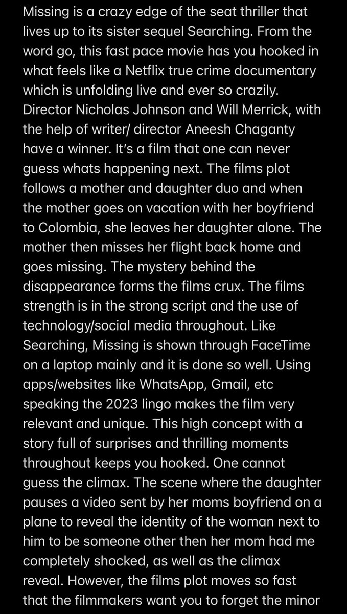 JJsmoviereviews's tweet photo. #Missing (English|2023) - Theatre
4/5⭐️ full review below ⬇️
#MissingReview #MissingMovie #Searching #SearchingMovie #MissingMovieReview #NiaLong #TimGriffin #StormReid #KenLeung #AmyLandecker #MeganSuri #Hollywood #MovieReview #truecrimecommunity #TrueCrime https://t.co/4j4Y3S2uIj