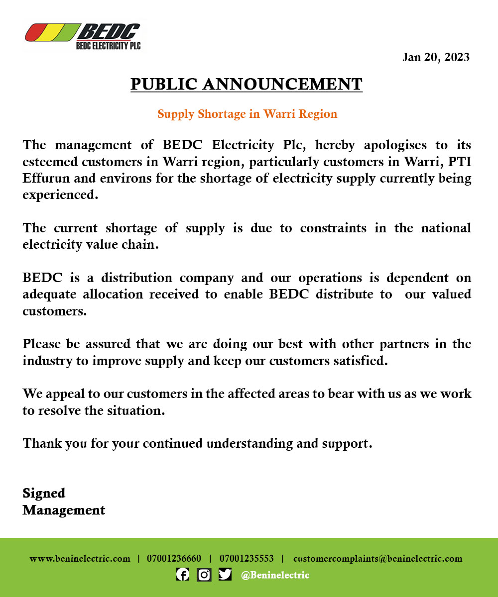 BEDC Electricity Plc tweet media