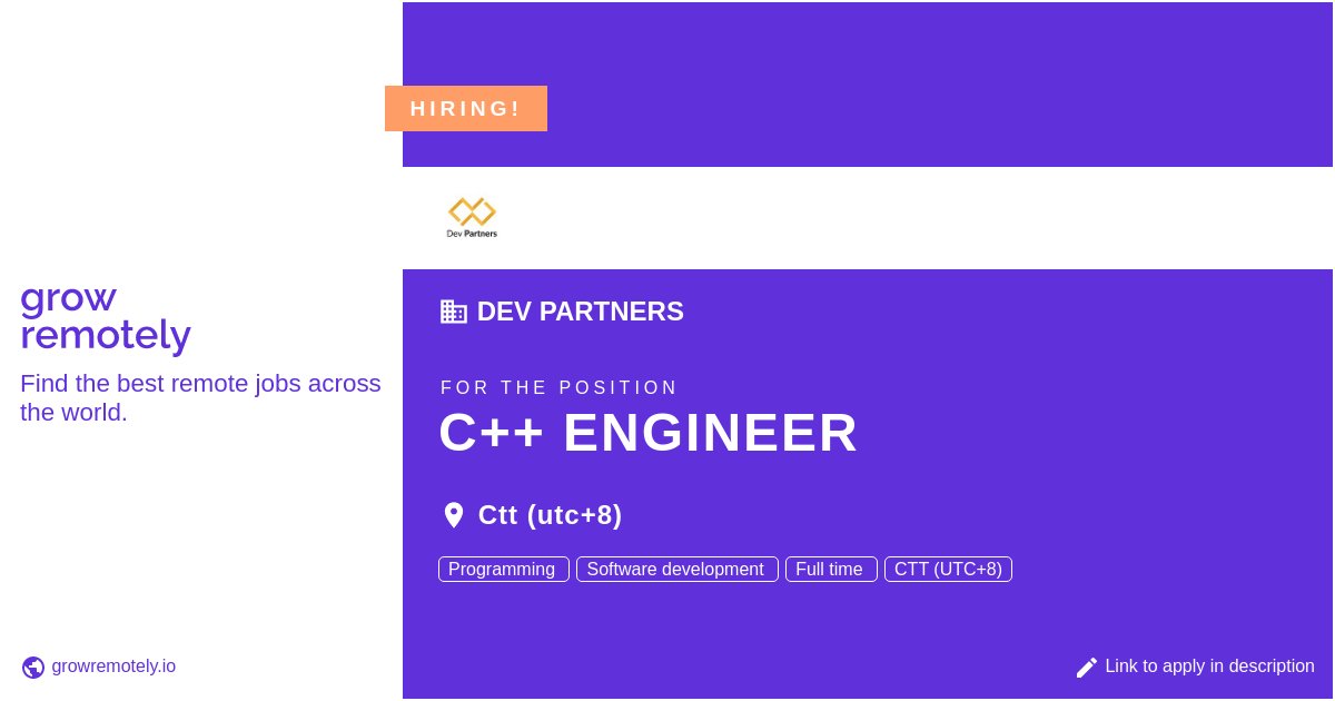 growremotelyio's tweet photo. Check out this job at Dev Partners for the position C++ Engineer.
Apply link: https://t.co/RYTjQQh2o7
#hiring #remotejobs #DevPartners #Programming https://t.co/BL1rlI7YoF
