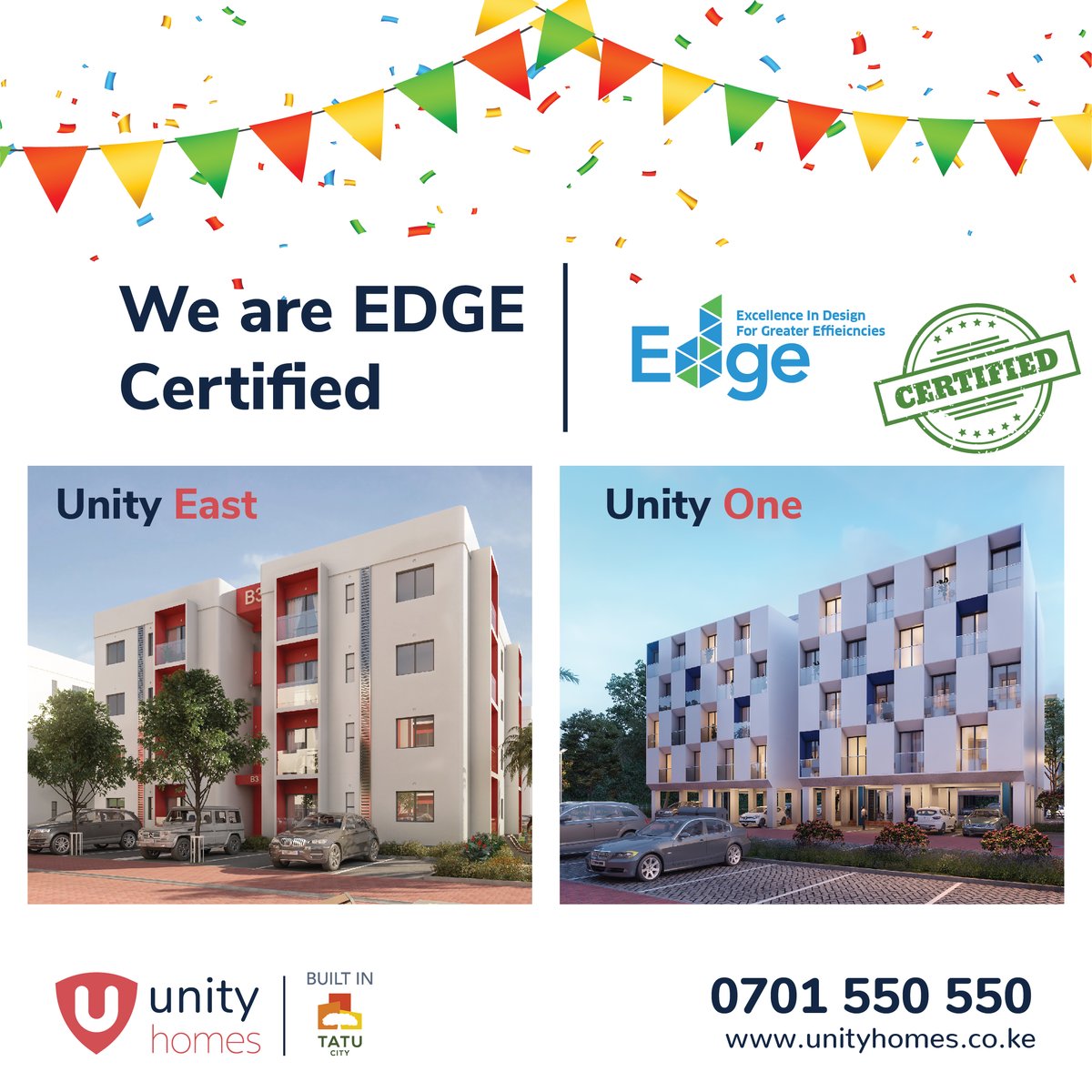 UnityHomesKenya's tweet photo. We are thrilled to announce that our projects, Unity East and Unity One, have achieved Edge certification! This is a testament to our commitment to reducing our environmental impact while providing high-quality living spaces. #EdgeCertified #SustainabilityAchievement https://t.co/OlLXreR01x