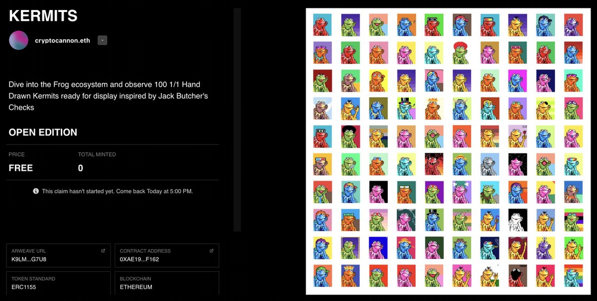 Kermits is live once again !

100 1/1 Hand drawn KERMITS Inspired by <a href="/jackbutcher/">jack</a>
 
24 Hour open edition.

LIVE NOW

FREE MINT

GO!!!