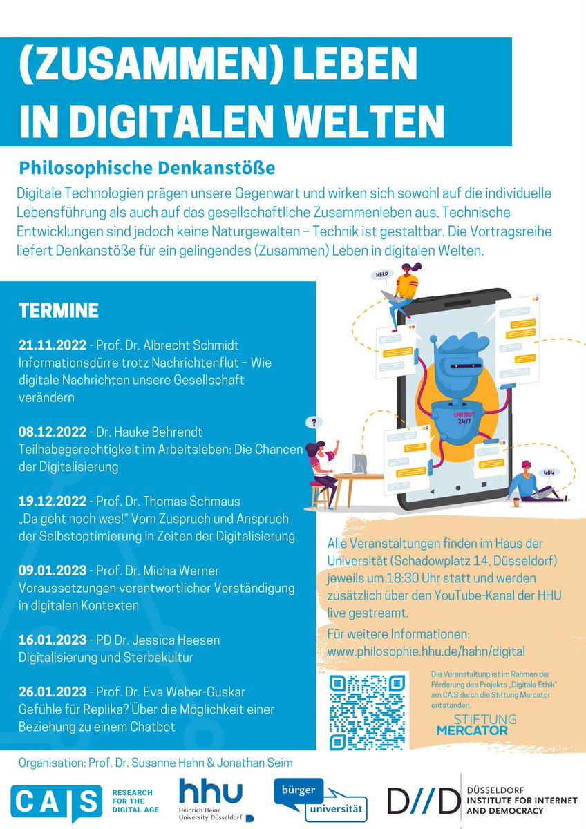 Können Beziehungen zu einem Chatbot ein menschliches Leben bereichern oder sind sie grundsätzlich problematisch?
 
Mit dieser Frage beschäftigen wir uns nächsten Donnerstag (26.01., 18:30) im Finale unserer Vortragsreihe.

Kommt vorbei, lauscht und diskutiert mit!