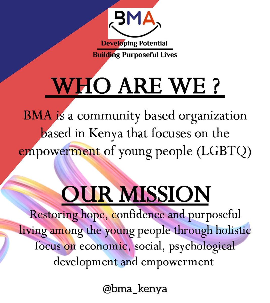 bma_kenya's tweet photo. BMA is a community based organization based in Kenya that focuses on the empowerment of young people (LGBTQ) 🌈✨

Through 5 key programmes;
1:  Education program 📚📖 
2: Entrepreneurship program 🤑💰
3: Key-pawa. 💡
4: Social support. 🧑‍🤝‍🧑
5: Welfare support.✨🌈
#jujadam #Sonko https://t.co/1SbTOoeLJG