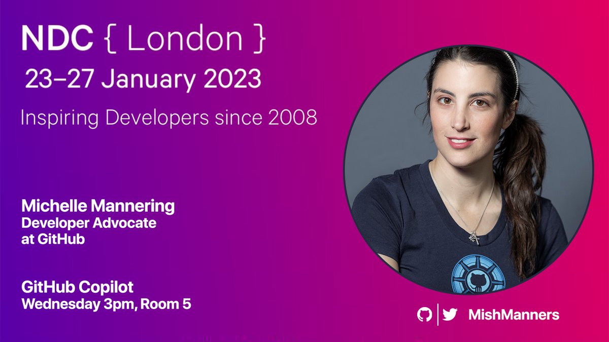MishManners's tweet photo. Really excited to be heading to London to talk all about GitHub Copilot.

If you're coming to @NDC_Conferences in London, be sure to drop into my talk... I have SWAG 💙

Who will I see there? What talks should I come to? Drop me your suggestions. https://t.co/M0qYCQeOyB