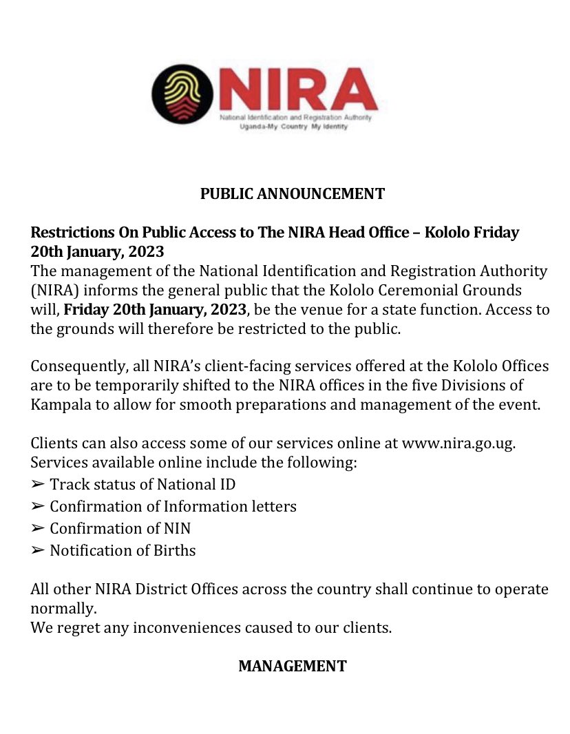 NIRA_Ug's tweet photo. Please Take note. https://t.co/l44sPKJK9K