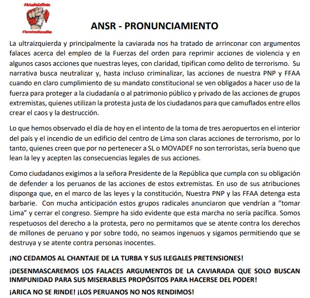El intento de la toma de 3 aeropuertos en el interior del país, el incendio del edificio del centro de Lima son claras acciones de terrorismo. Quienes creen que por no pertenecer a SL o MOVADEF no son terroristas, lean la ley y acepten las consecuencias legales de sus acciones.