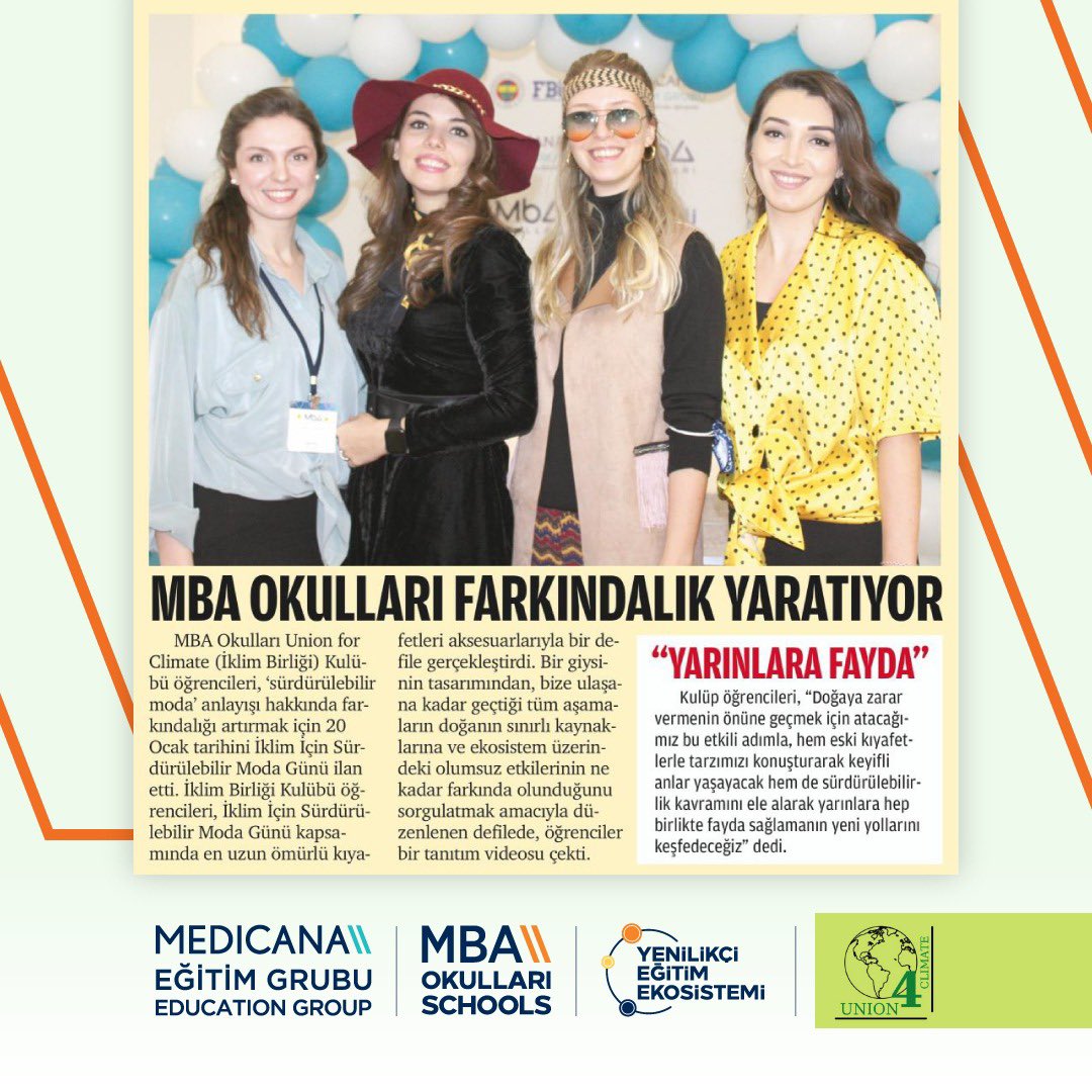 MBA Okulları öğrencileri farkındalık yaratmaya devam ediyor!

MBA Okulları Union for Climate (İklim Birliği Kulübü) öğrencileri, tüm dünya nüfusu ve gelecek nesilleri de kapsayan bir kavram olan ‘sürdürülebilir moda’ anlayışı hakkındaki farkındalığı artırmak için