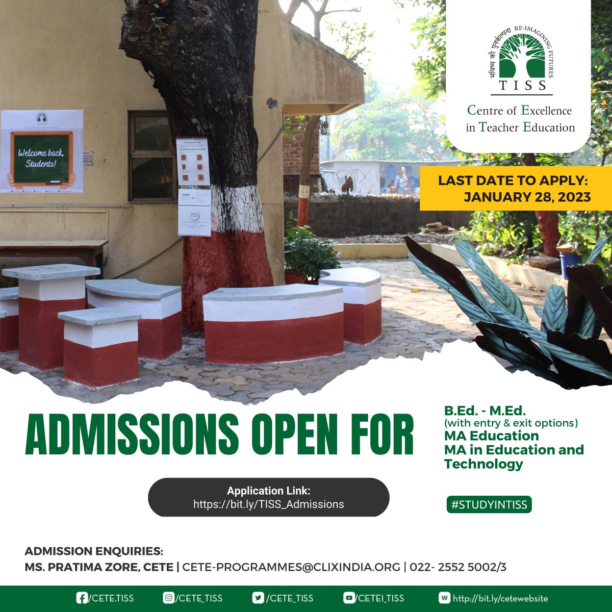 TISSpeak's tweet photo. #StudyInTISS #admissions2023 
The @cete_tiss at #TISSMumbai envisioned to catalyse transformation in teacher education. It is offering 3 programmes for 2023 (see image).
For more info: https://t.co/31WTRp80sT
#ApplyNow: https://t.co/yfZ8d9T9Xy
Last Date: January 28, 2023 https://t.co/mJgPwWZCn6
