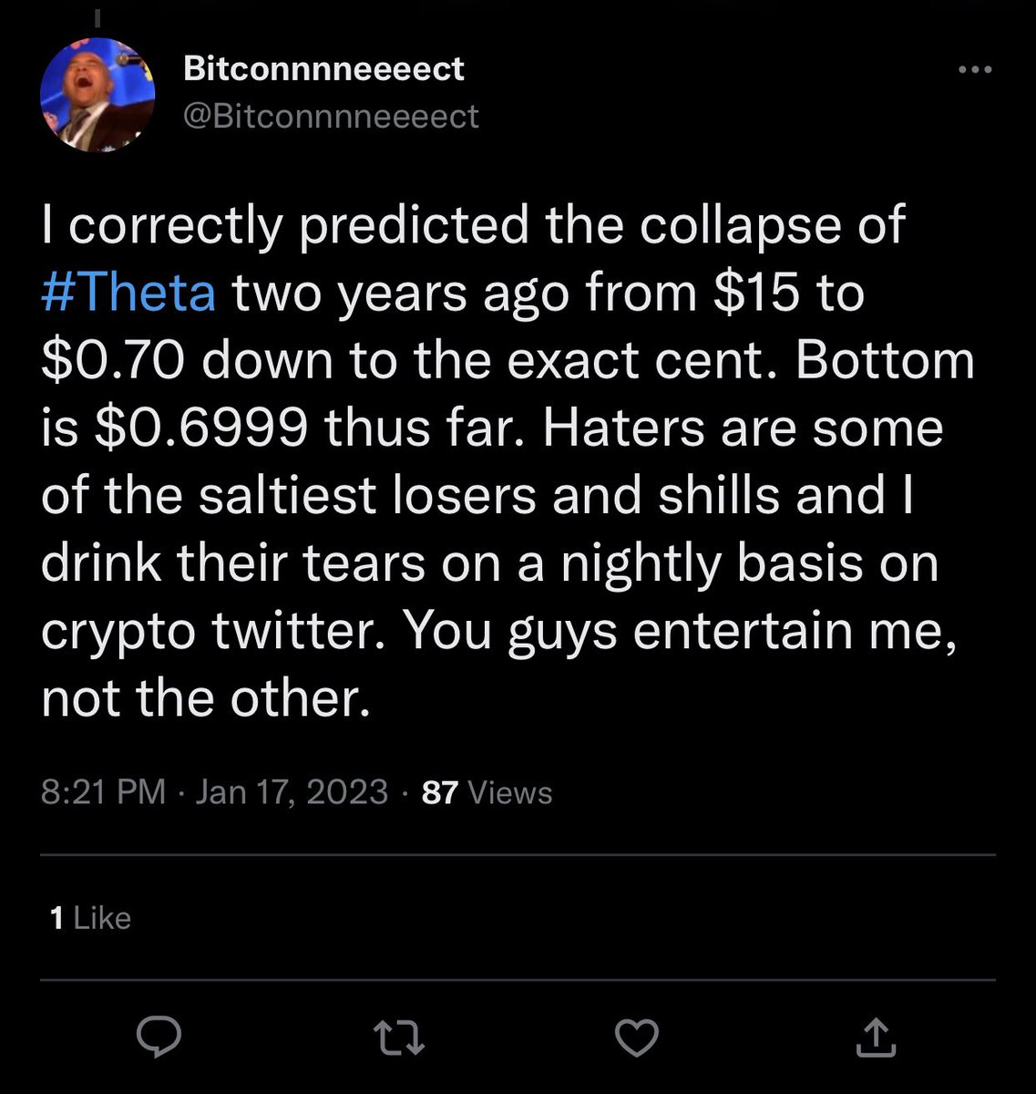 As a reminder, he constantly tweets saying he predicted $theta to go from $15 to .70 cents two years ago.

If you are at this point of the thread, yeah, timelines do not add up and his “convictions” are flat out guesses #castingnets