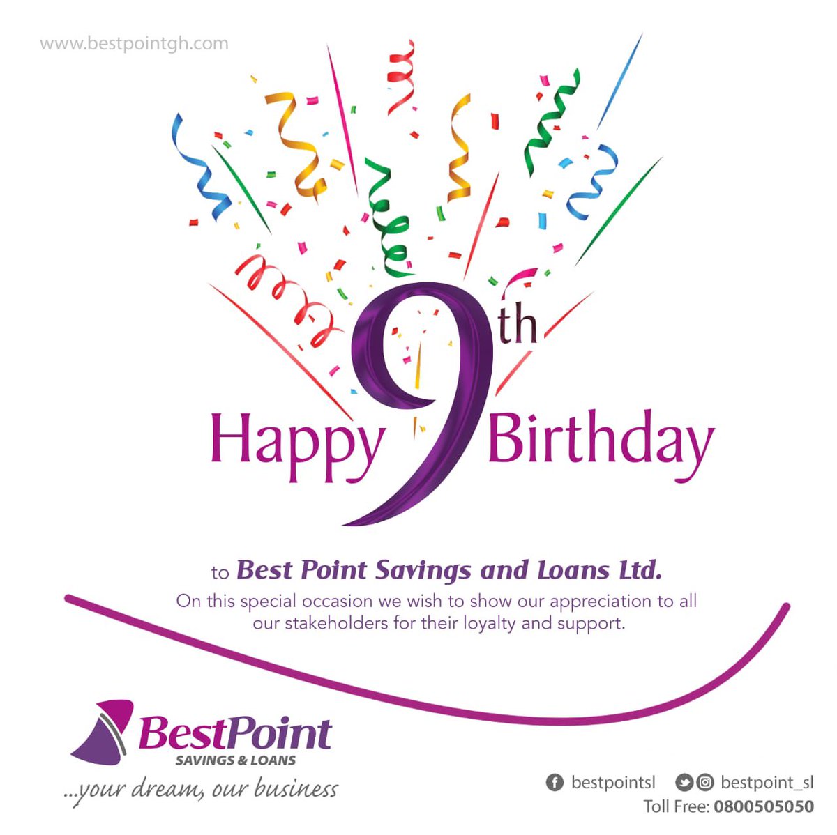 bestpointsl's tweet photo. On this special occasion we wish to show our appreciation to all our stakeholders for their loyalty and support. Happy Birthday to Best Point Savings and Loans.
#Happybirthday #birthday #banks #savings #loans #BestPoint #YourDreamOurBusiness https://t.co/7XpQxh0uP2