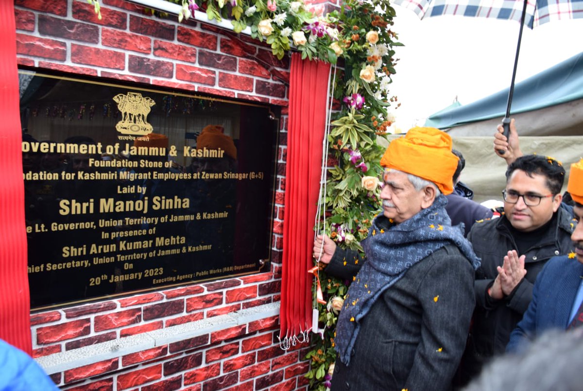 OfficeOfLGJandK's tweet photo. Laid foundation stone for construction of transit accommodation for PM Package Employees at Zewan, Srinagar. The housing colony being constructed on 113 Kanals of land, will have 39 blocks comprising 936 flats. Directed R&amp;B department for timely completion of the project. https://t.co/fRlDkvje10