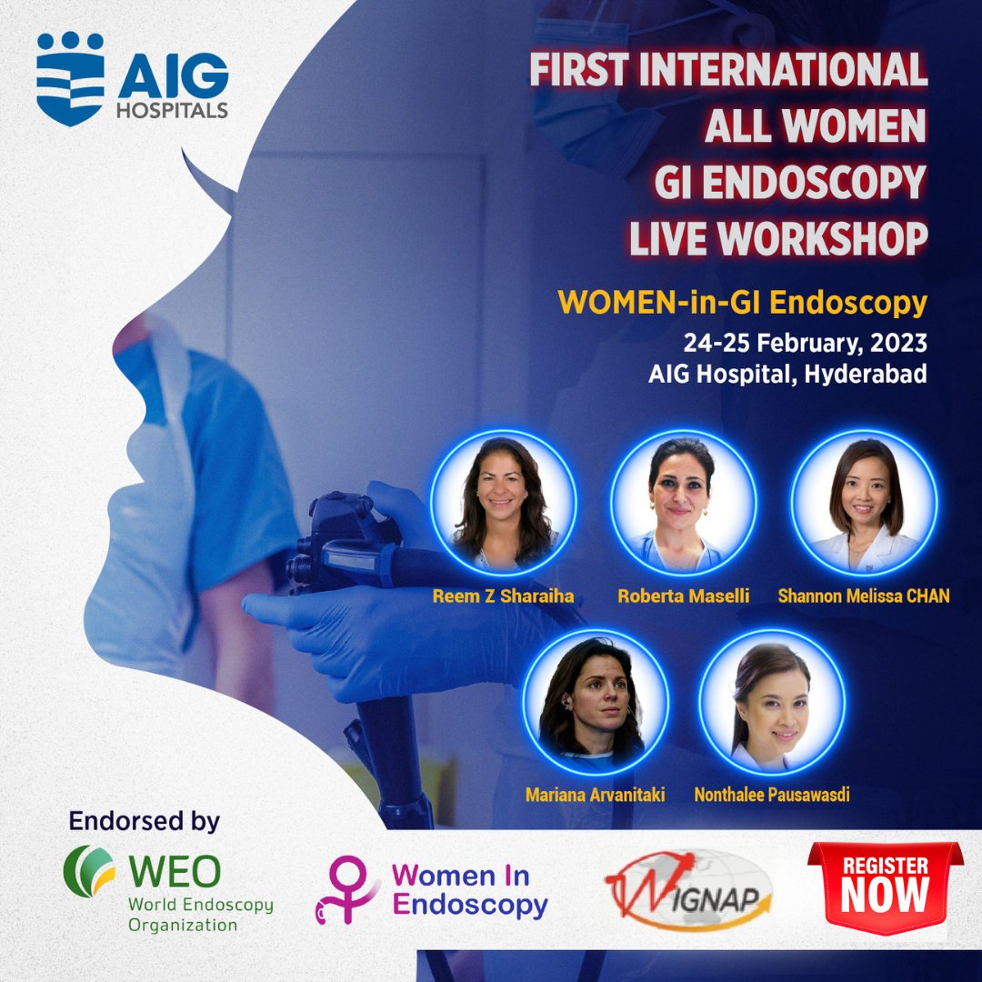 Join us for the First All Women GI Endoscopy LIVE Workshop from 24-25th Feb at AIG Hospitals, Hyderabad. Click bit.ly/AIG_WIGE_LIVE to register. #WomeninGI #WomenInEndoscopy #AIGHospitals #Workshop #Live @DrRupaBanerjee1