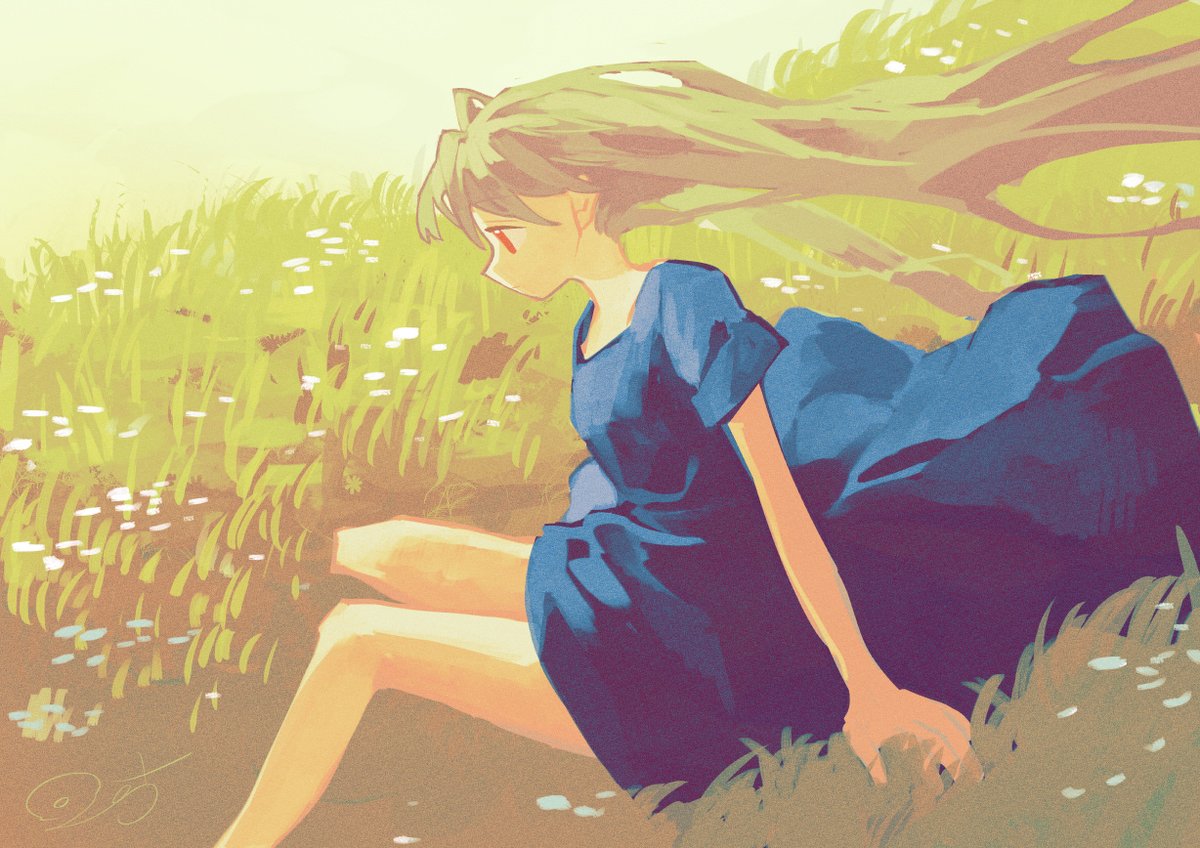 1girl long hair dress solo outdoors flower field  illustration images