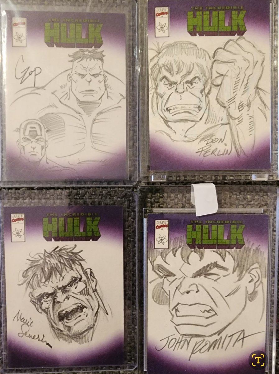 cardboredflexer's tweet photo. Took 20 years, finally got a sketch from each artist that contributed to 2003 @Topps Incredible @Hulk #JohnCzop #DonPerlin #JohnRomitaSr #MarieSeverin @sketchcards #NonSportCards #CollectCards #Marvel #IncredibleHulk #SketchCards https://t.co/854gq3g6ML