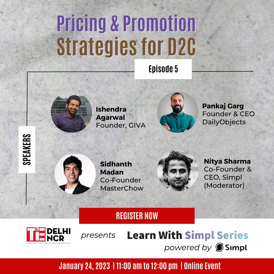 What is the right #PricingStrategy for you? 
Learn from the founders of successful D2C brands like <a href="/GIVA/">Giva</a>, @DailyObjects, <a href="/MasterChow/">David Chow</a>, how they are pricing and promoting their products.
Date: January 24, 2023 | Time: 11:00 am to 12:00 pm 
Register Now: bit.ly/PPS-D2C