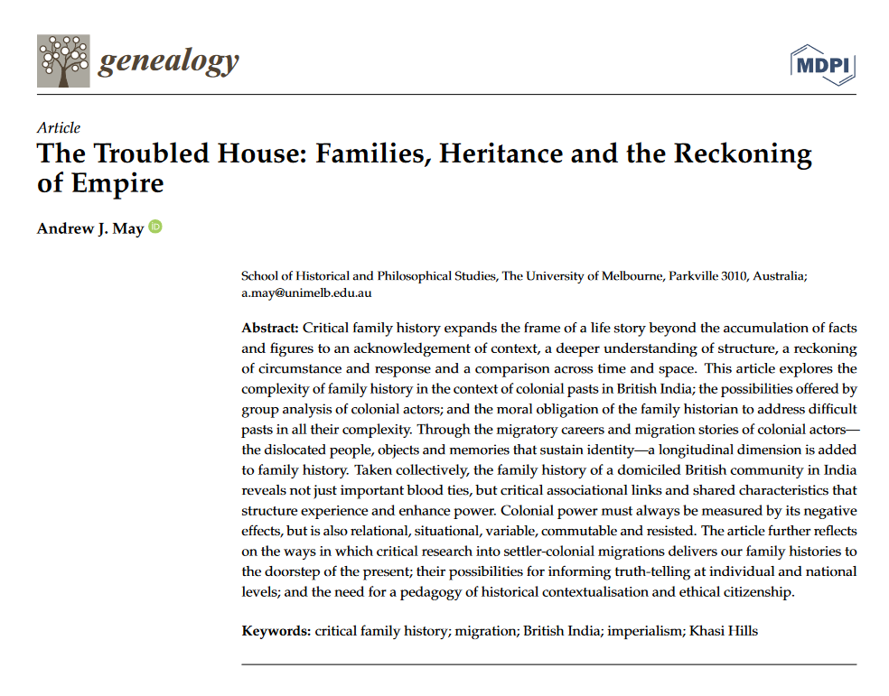 Genealogy_MDPI's tweet photo. Recommend Reading‼️
Prof.  Dr. Andrew J. May of @ArtsUnimelb discussed the complexity of #FamilyHistory in the context of #colonial pasts in British India in the latest article "The Troubled House: #Families, Heritance and the Reckoning of #Empire"
📖👉https://t.co/eOE8dobp73 https://t.co/DAKQRTKjYe