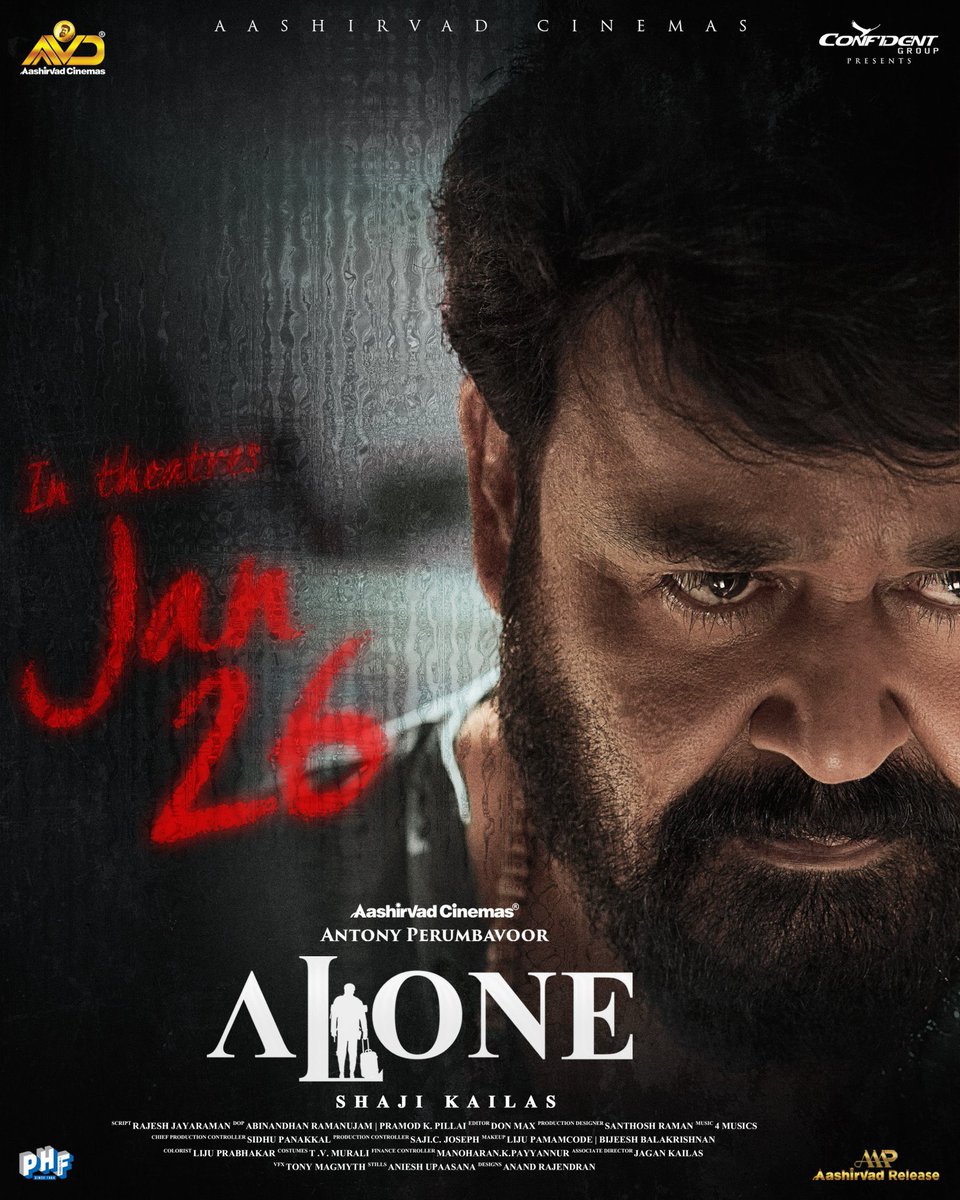 #Alone ⭐️ing @Mohanlal is Coming to theatres near you on 26th January!

#ShajiKailas @antonypbvr