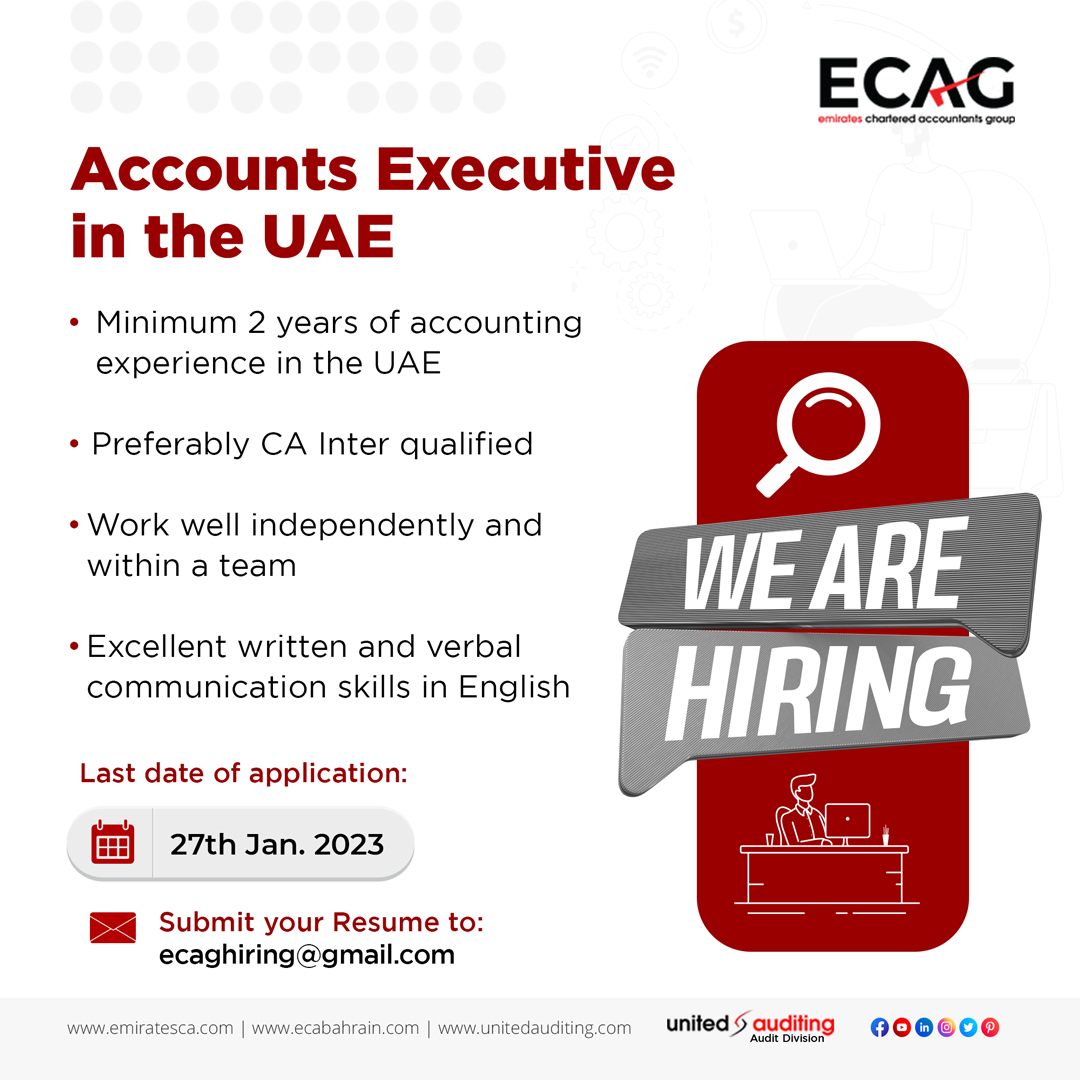 CLAEmirates's tweet photo. WE ARE #HIRING – JOIN OUR TEAM AS AN #ACCOUNTANT IN THE #UAE #DUBAI
📍 Please note to submit your #CV by 27th Jan. 2023
📧 Email to ecaghiring@gmail.com
#ECAG #JobOpening #Recruitment #Career #Employment #NowHiring #JobSearch https://t.co/1y8ejRUrjx