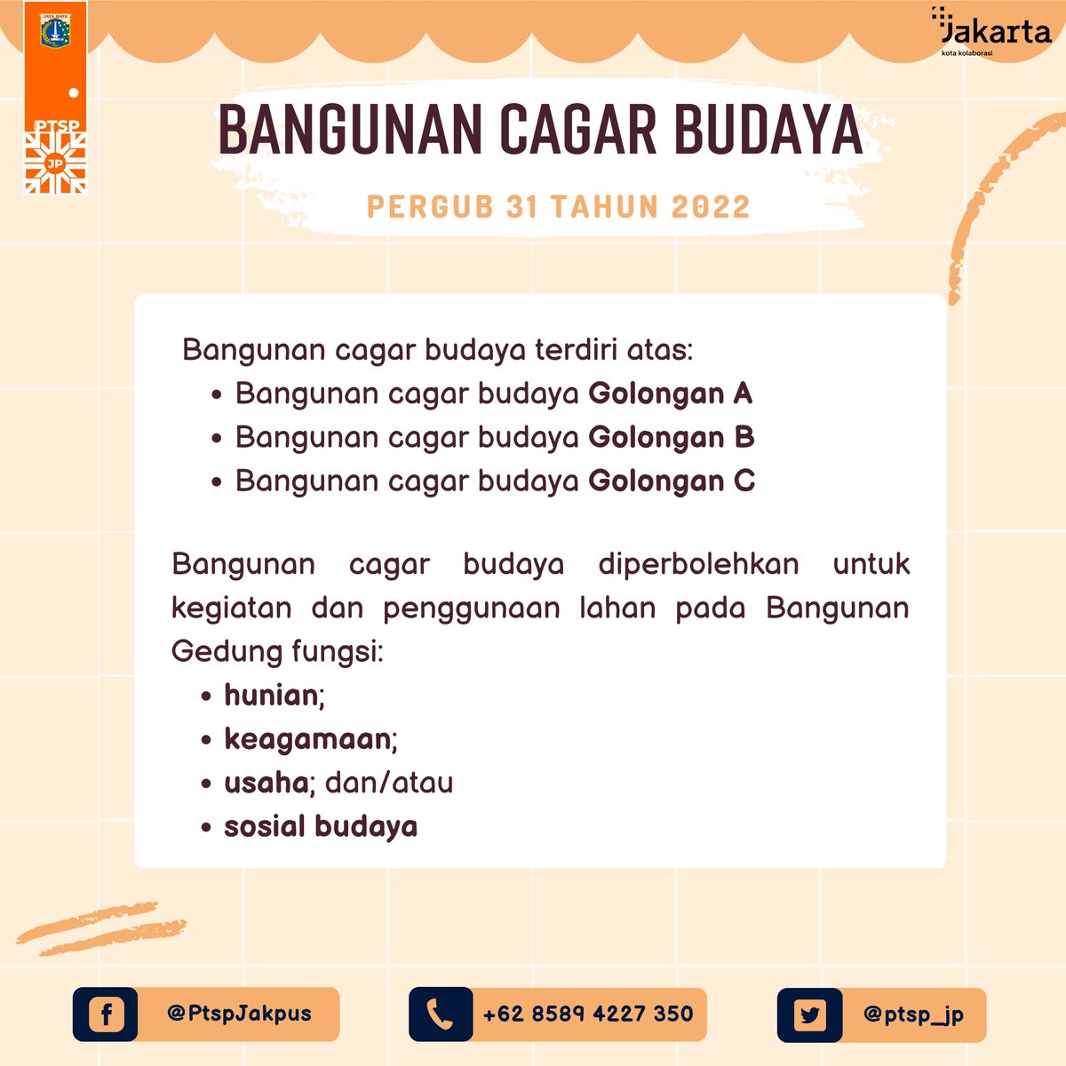 ptsp_jp's tweet photo. Halo Warga Jakarta!👋
Salam SETIA~

Sudah tau belum apa itu Bangunan Cagar Budaya? Berdasarkan Pergub DKI Jakarta No. 31 Tahun 2022 tentang Rencana Detail Tata Ruang dan Wilayah Perencanaan DKI Jakarta, Bangunan Cagar Budaya terdiri atas Bangunan Cagar Budaya Golongan A, B, dan C https://t.co/5sDpRpTuDo