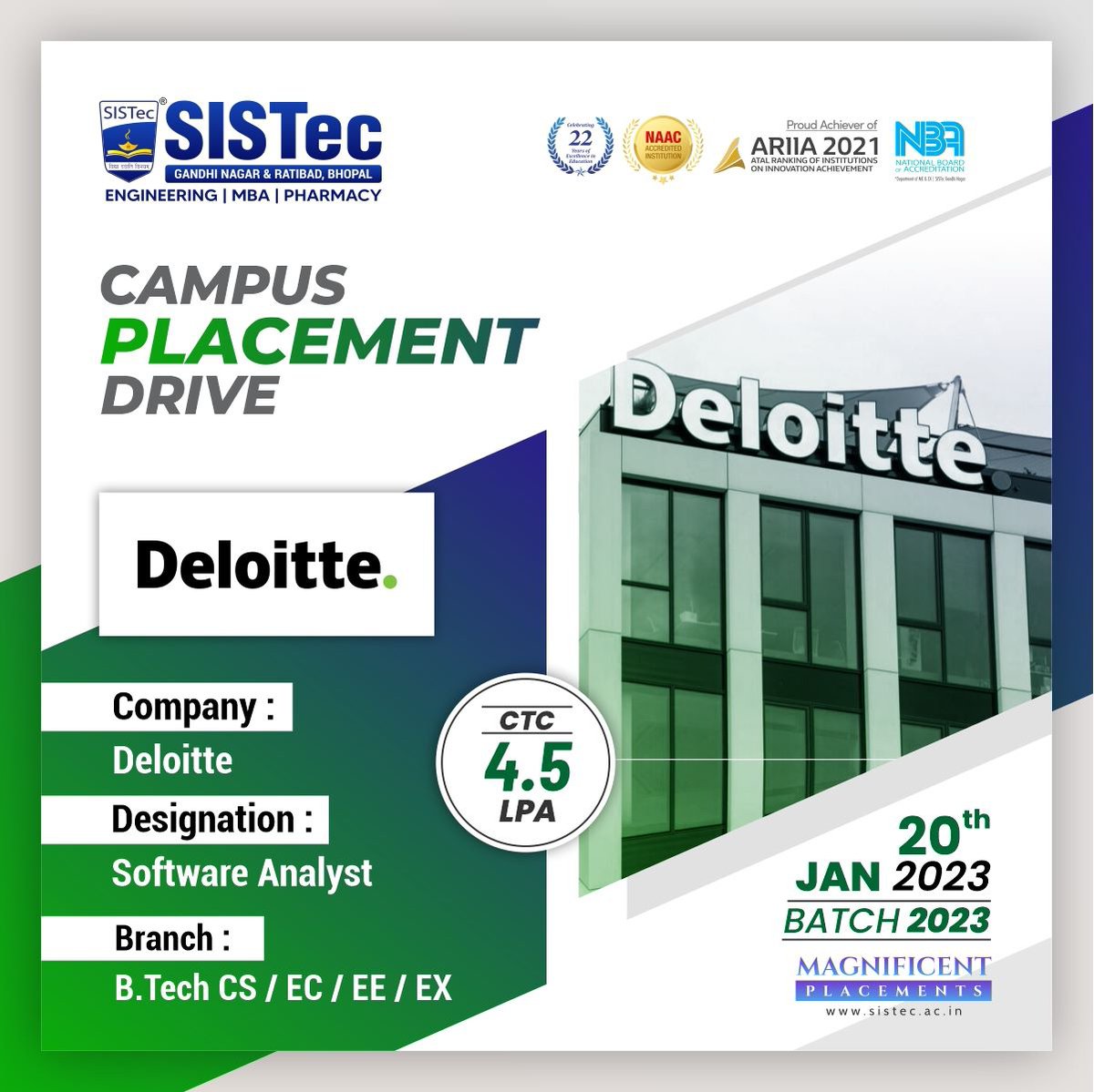 SISTecRatibad's tweet photo. Campus #PlacementDrive Alert๐ฏ๐จ
Company: #Deloitte
Date: 20th January 2023
Branch: https://t.co/eqAMjSQTaC - CS/EC/EE/EX (Batch 2023)
Designation: #SoftwareAnalyst
Package: 4.5 LPA
๐ Website: https://t.co/BbsfuaVxlc https://t.co/xmPJWF3xD9