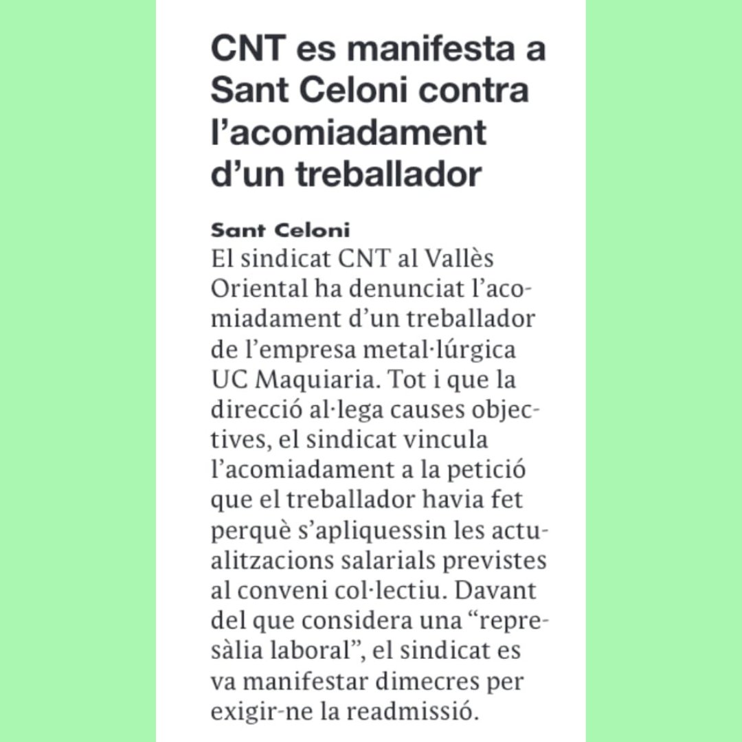 CNTValles's tweet photo. 📰 L'empresa UC MAQUINARIA avui torna a sortir a la premsa comarcal, aquesta vegada en format paper, a @el9nou_vor.
#ProuAbusos #Readmissió #DretsLaborals
#SantCeloni #BaixMontseny #VallèsOriental https://t.co/z7d8Ne3dwg