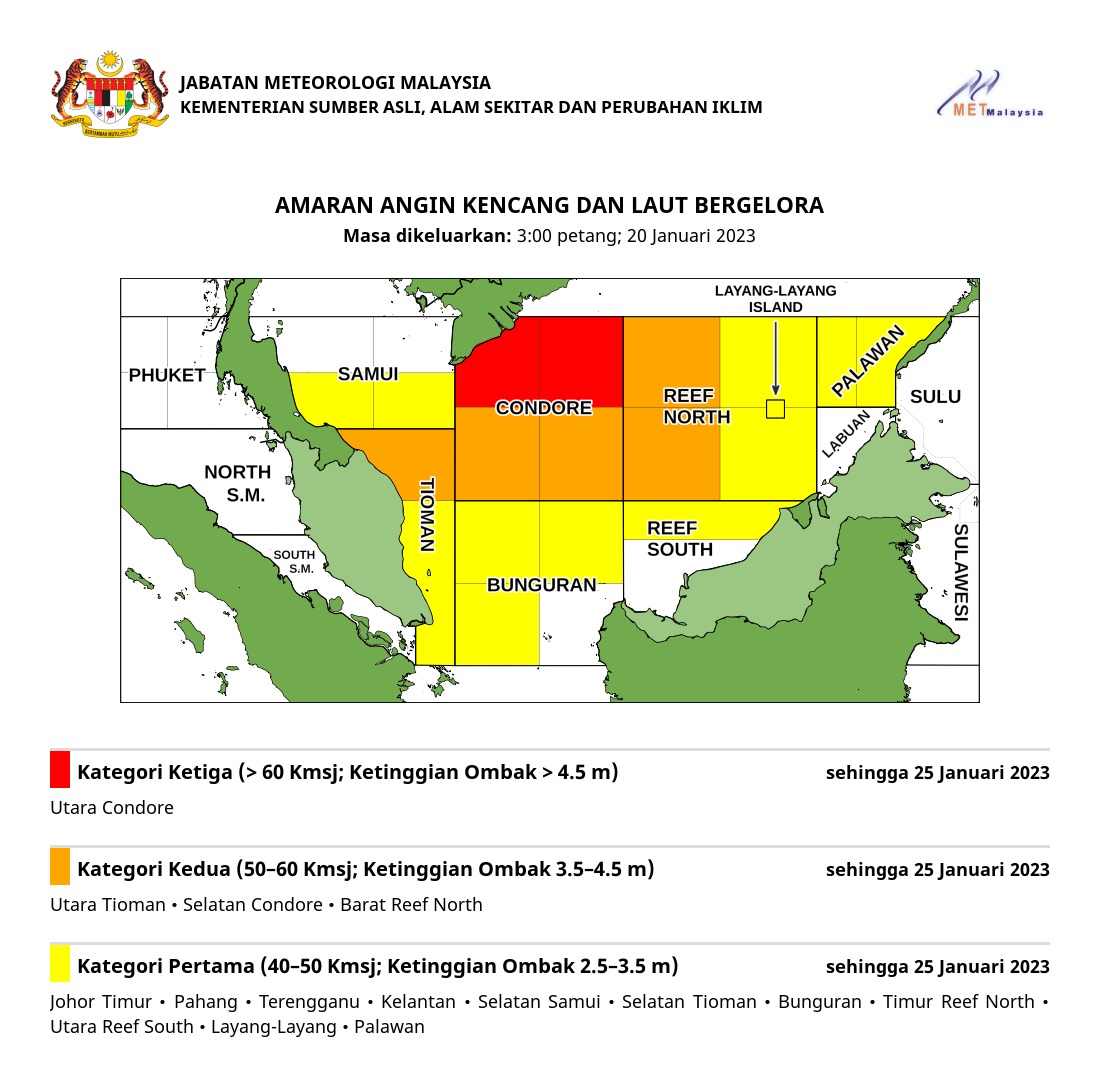 AMARAN ANGIN KENCANG DAN LAUT BERGELORA 
Dikeluarkan pada: 3:00 petang, 20 Januari 2023

#amaranlautmetmalaysia
#metmalaysia
#MenangBersama
#LindungDiriLindungSemua