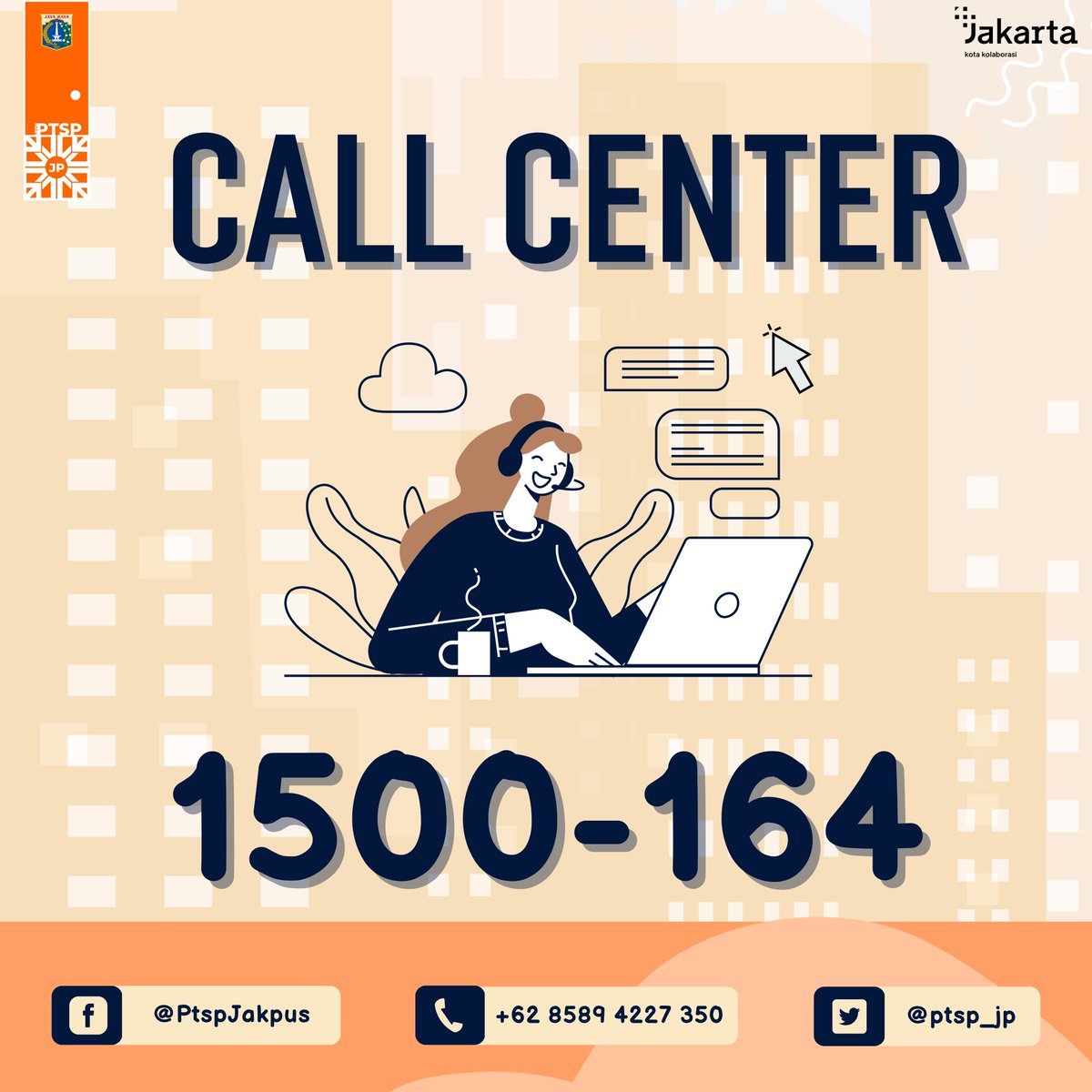 ptsp_jp's tweet photo. Halo Warga Jakarta👋
Salam SETIA

Bagi warga jakarta yang mau mengajukan perizinan, konsultasi, maupun pengaduan mengenai perizinan/non perizinan di Prov. DKI Jakarta bisa melalui nomor Call Center DPMPTSP Provinsi DKI Jakarta di nomor 1500-164 / (021) 1500164 untuk Non Telkomsel https://t.co/24j6RqhTQQ