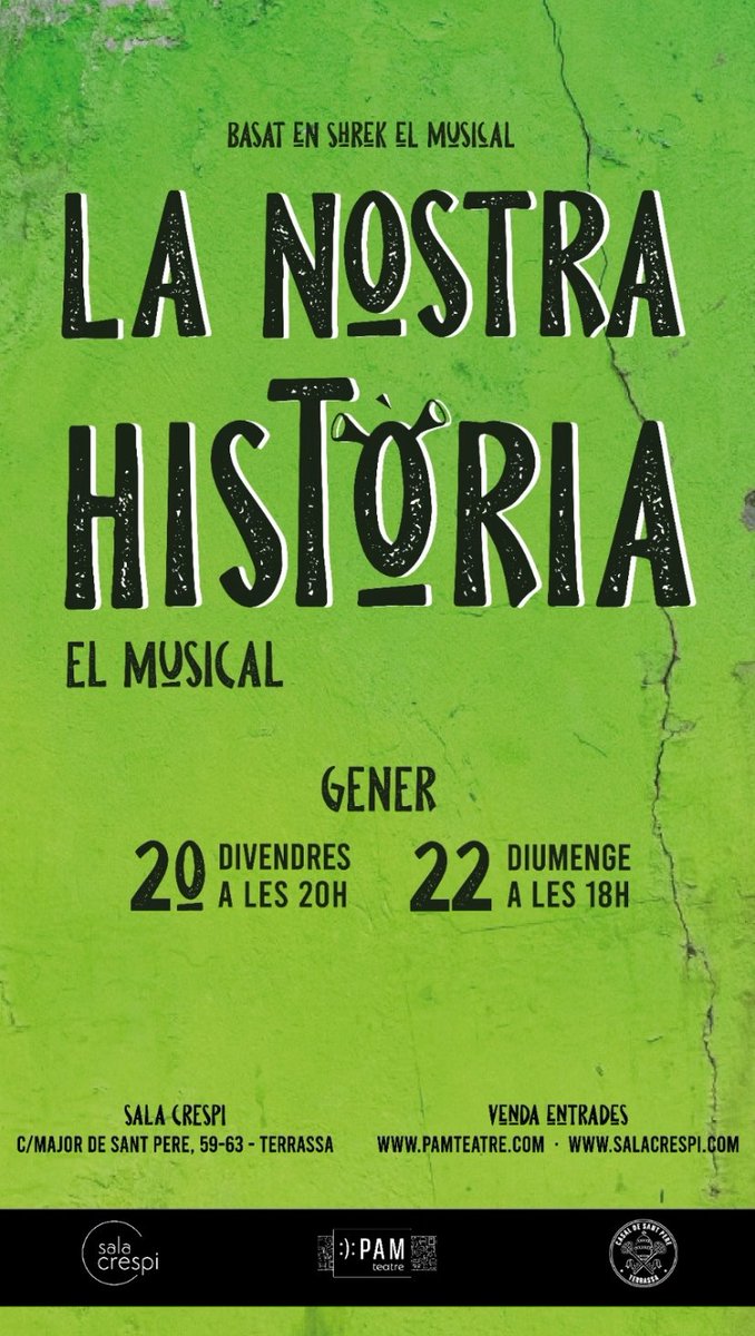 Ha arribat el dia: ‼️ESTRENEM‼️
LA NOSTRA HISTÒRIA, el musical 🍀

Aquesta és LA NOSTRA HISTÒRIA, i la volem compartir amb totes i tots vosaltres. Ens acompanyeu? 🍃💚

🗓️ 20/01 - 20h
🗓️ 22/01 - 18h

🎟️ Entrades pamteatre.com
📍 <a href="/SalaCrespi/">SalaCrespi</a>

Us hi esperem 🙌🏼