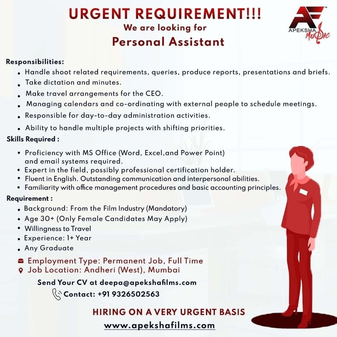 #urgenthiring #urgentrequirement #job #jobvacancy #hiring #hiringnow  #ApekshaFilmsAndMusic #vacancy #personalassistantneeded #personalassistantjobs #femalecandidates #personalassistant #urgent #Mumbai #mumbaijobs